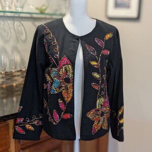 Vintage Choices Size L Dress Jacket Black with Colorful Applique Ribbon Pattern